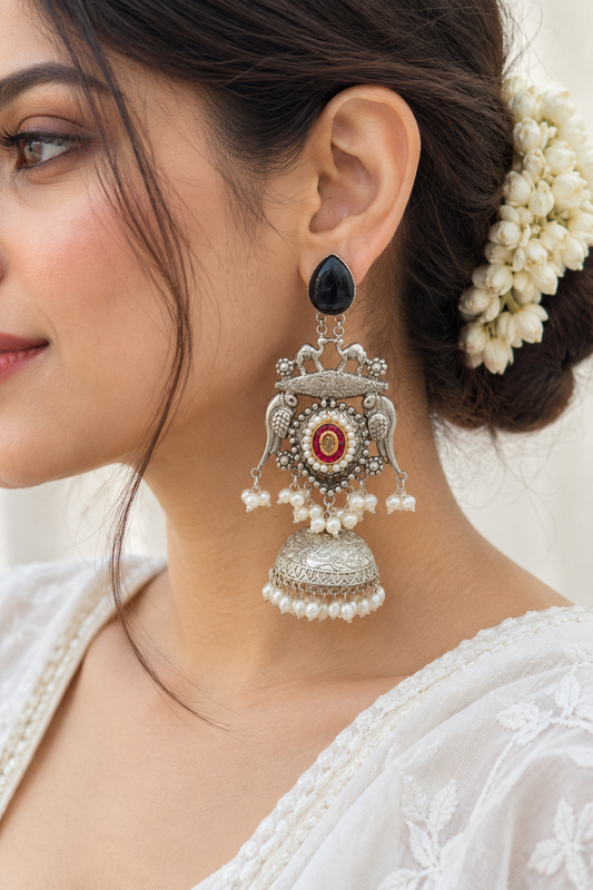 NOOR | silver with white pearl Long Jhumka
