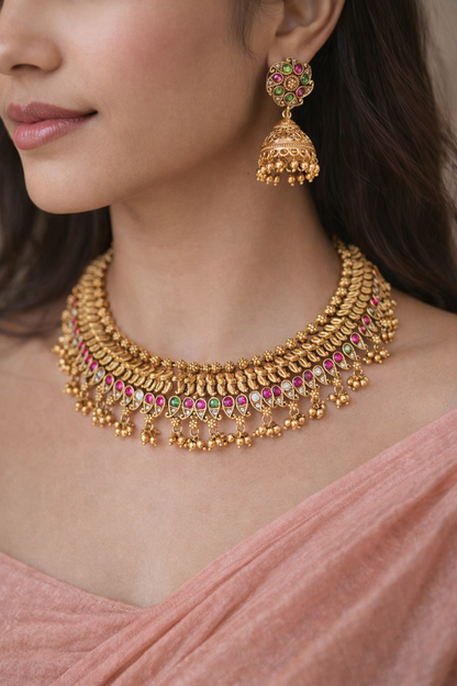 Handcrafted rajwadi choker Necklace- heritage 18k gold plated temple necklace set oxidised German silver Jewelry saree kurta Bloom - By Sushmita India Navratri Diwali Ganpati holi Eid