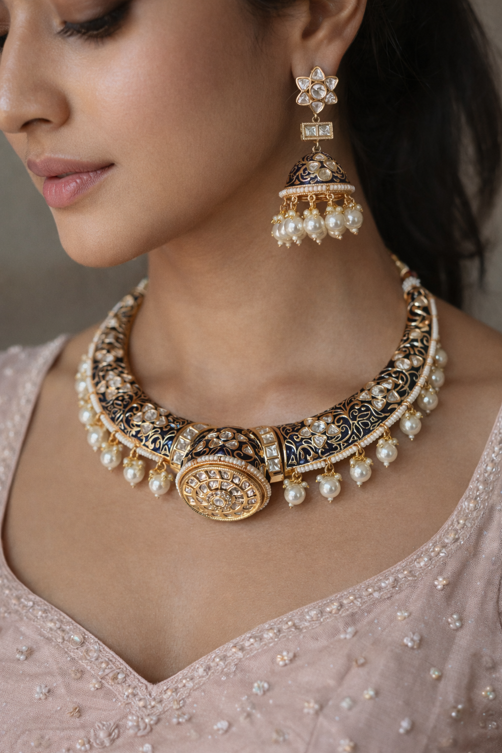 Rajwada - heritage 18k gold plated kundan necklace set with meenakari work | Gangaur