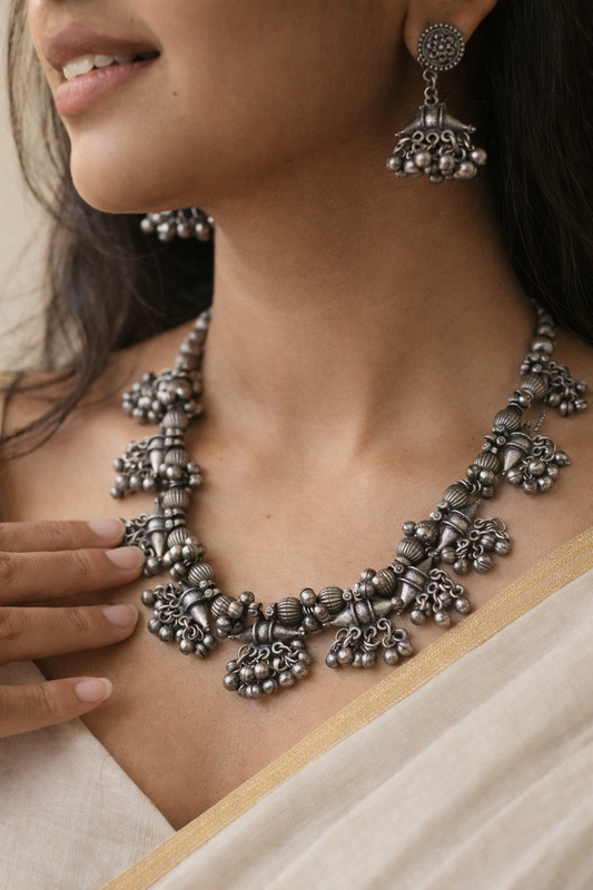 Silver-Plated Ghungroo Studded Oxidised Jewellery Set