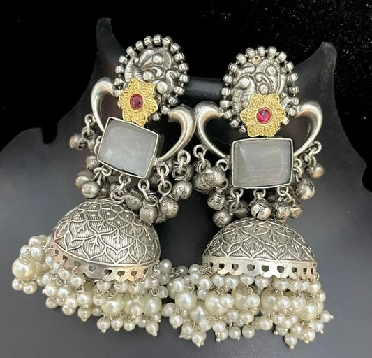 NOOR | silver with white pearl Long Jhumka