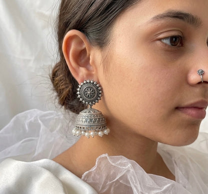 Mahima Silver White Pearl Jhumka | German Silver Earrings