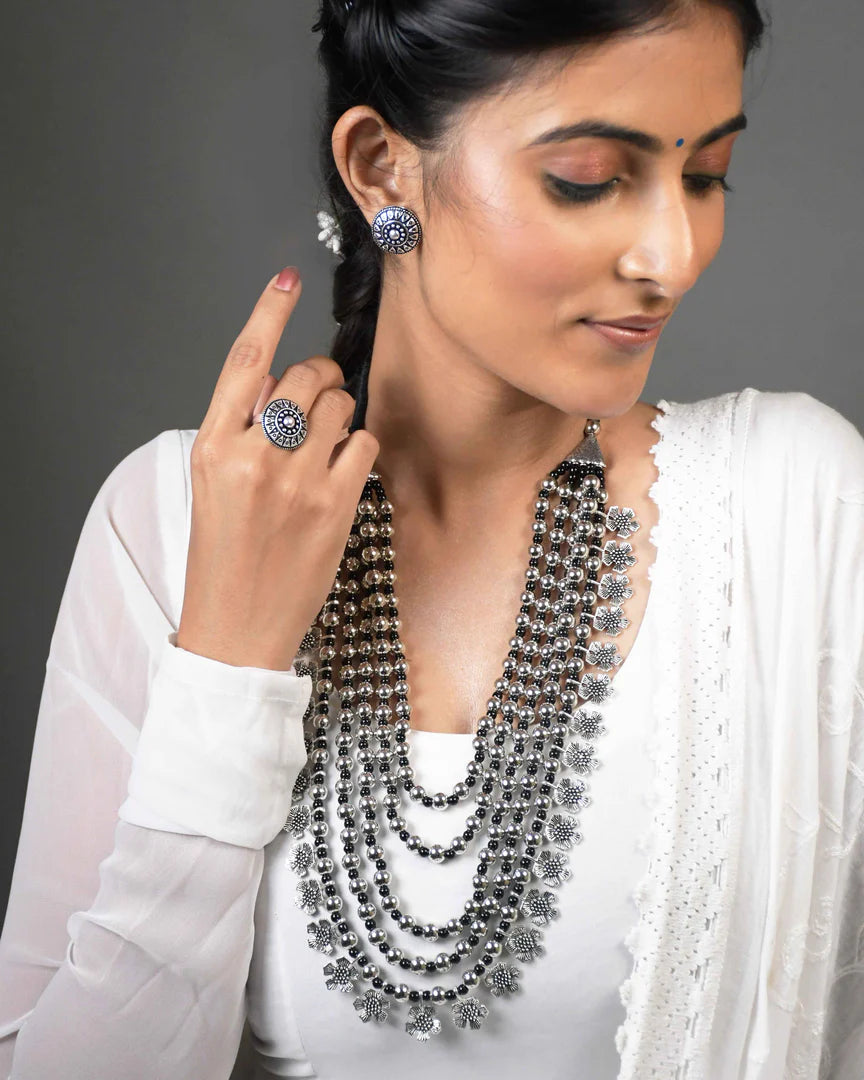 5 LINE MALA JEWELLERY SET COMBO oxidised German silver Jewelry Sets saree kurta Bloom - By Sushmita India Navratri Diwali Ganpati holi Eid