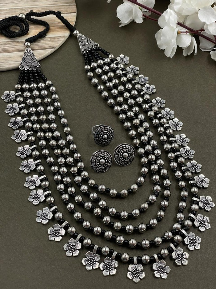 5 LINE MALA JEWELLERY SET COMBO oxidised German silver Jewelry Sets saree kurta Bloom - By Sushmita India Navratri Diwali Ganpati holi Eid