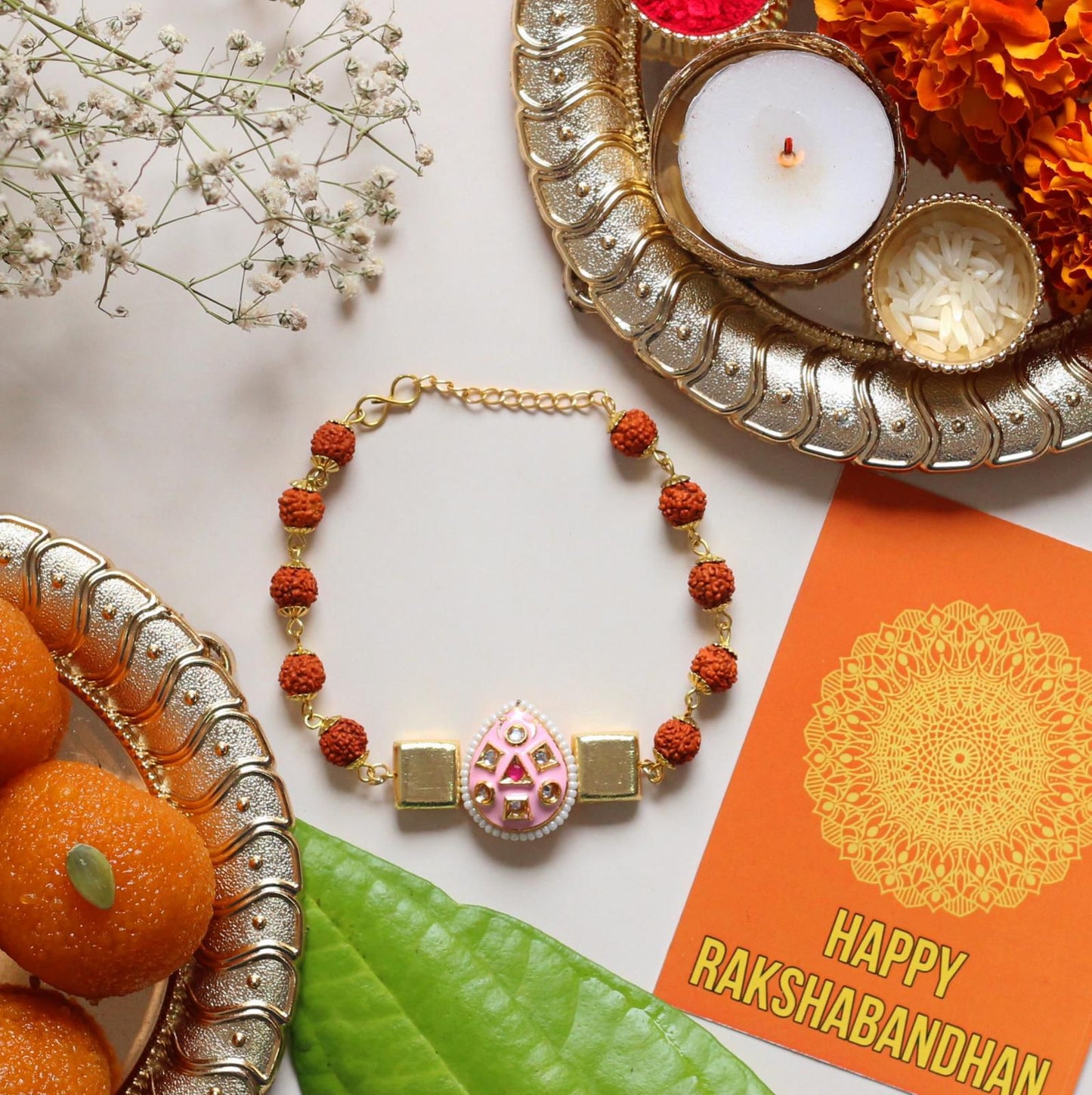 Designer Rudraksha Bracelet Rakhi With Roli Chawal Capsules And Happy Rakshabandhan Card