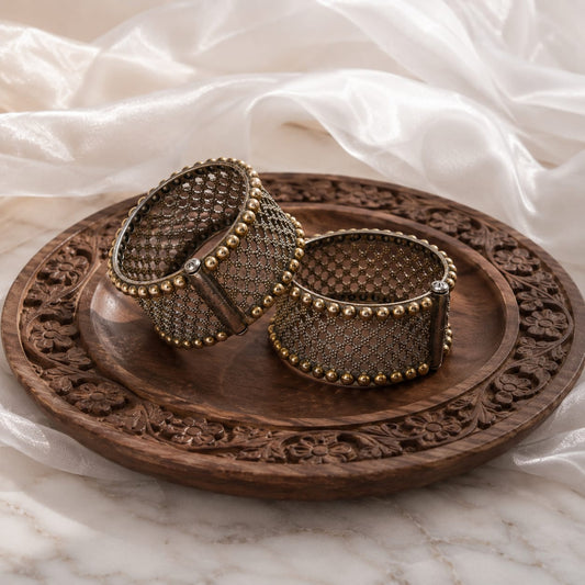 Dual tone Statement Kada Bracelet | Timeless bracelet oxidised German silver Bracelets saree kurta Bloom - By Sushmita India Navratri Diwali Ganpati holi Eid