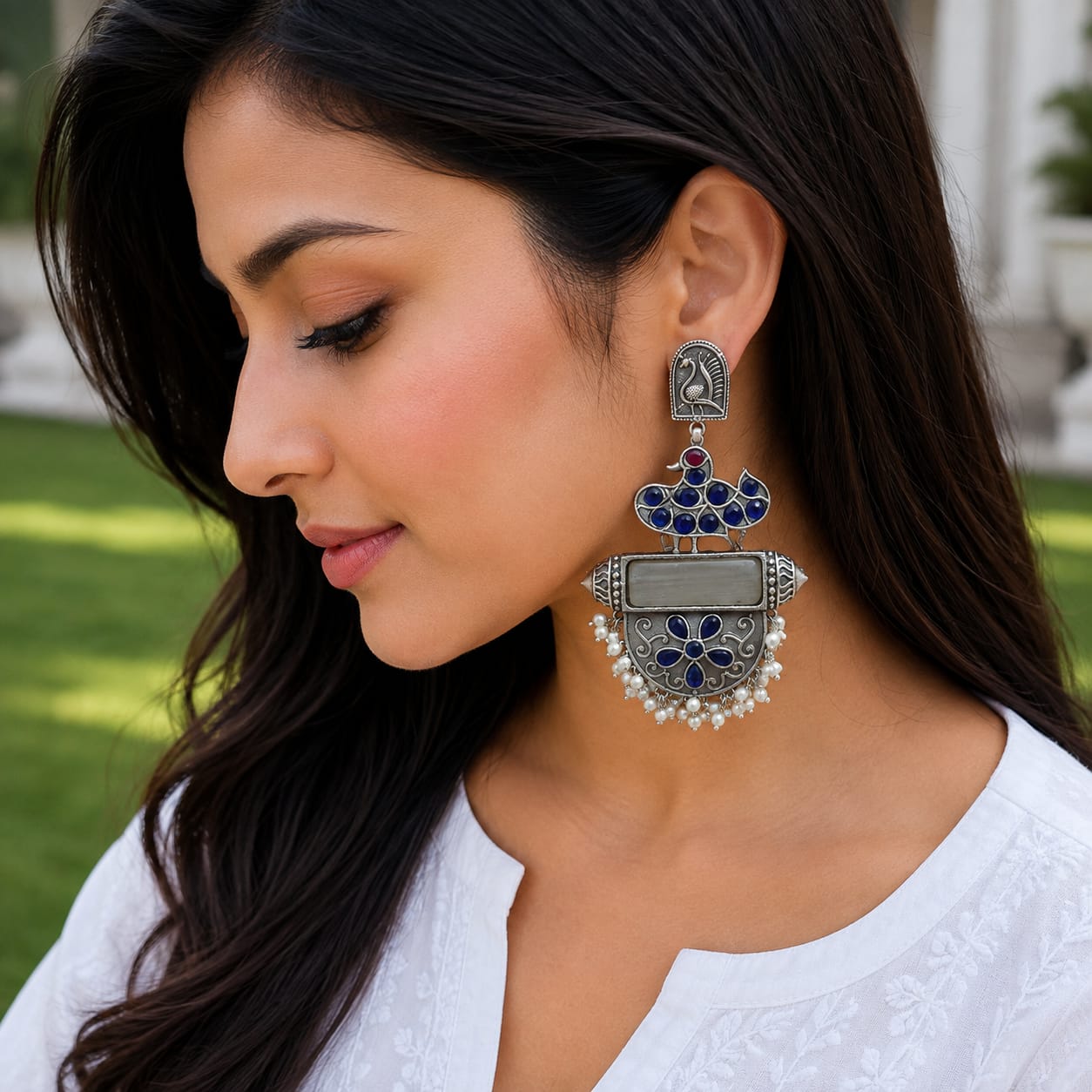 Monalisa stone Statement light-weighted chaandbaali Silver Earrings