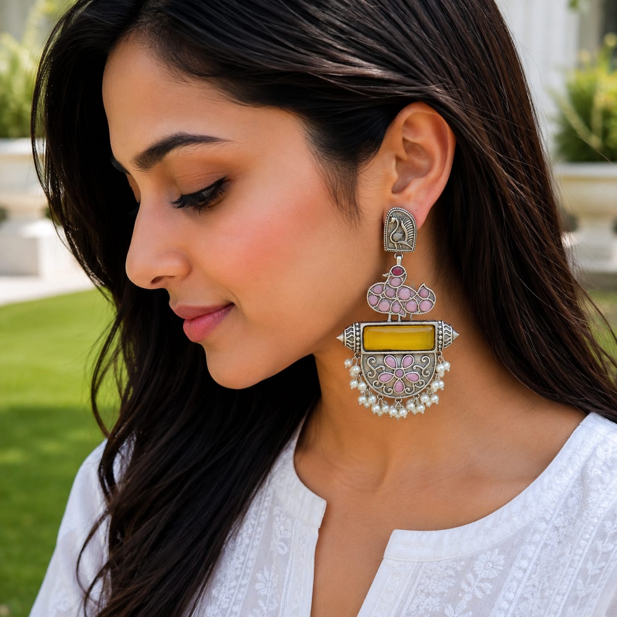 Monalisa stone Statement light-weighted chaandbaali Silver Earrings
