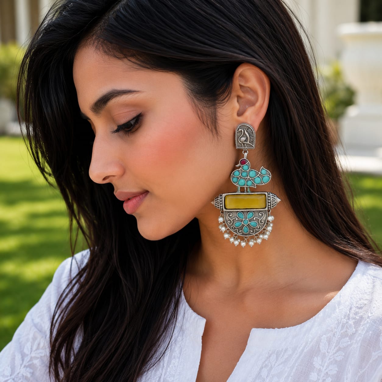 Monalisa stone Statement light-weighted chaandbaali Silver Earrings