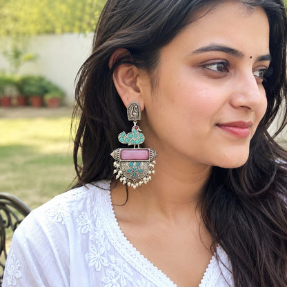 Monalisa stone Statement light-weighted chaandbaali Silver Earrings