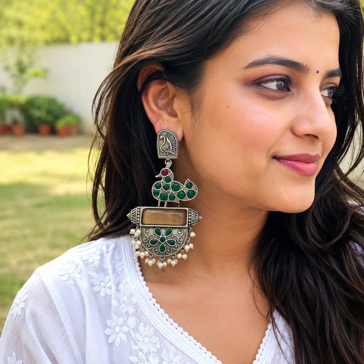Monalisa stone Statement light-weighted chaandbaali Silver Earrings