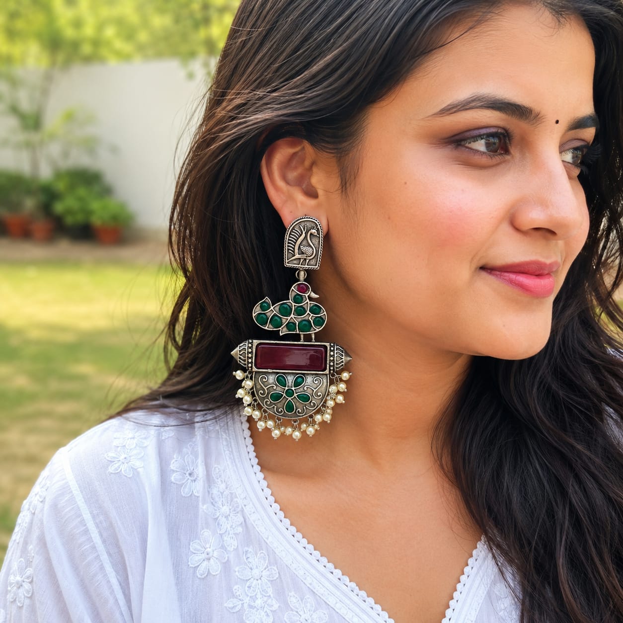 Monalisa stone Statement light-weighted chaandbaali Silver Earrings
