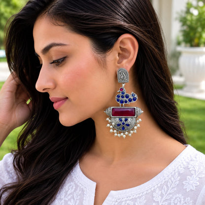 Monalisa stone Statement light-weighted chaandbaali Silver Earrings