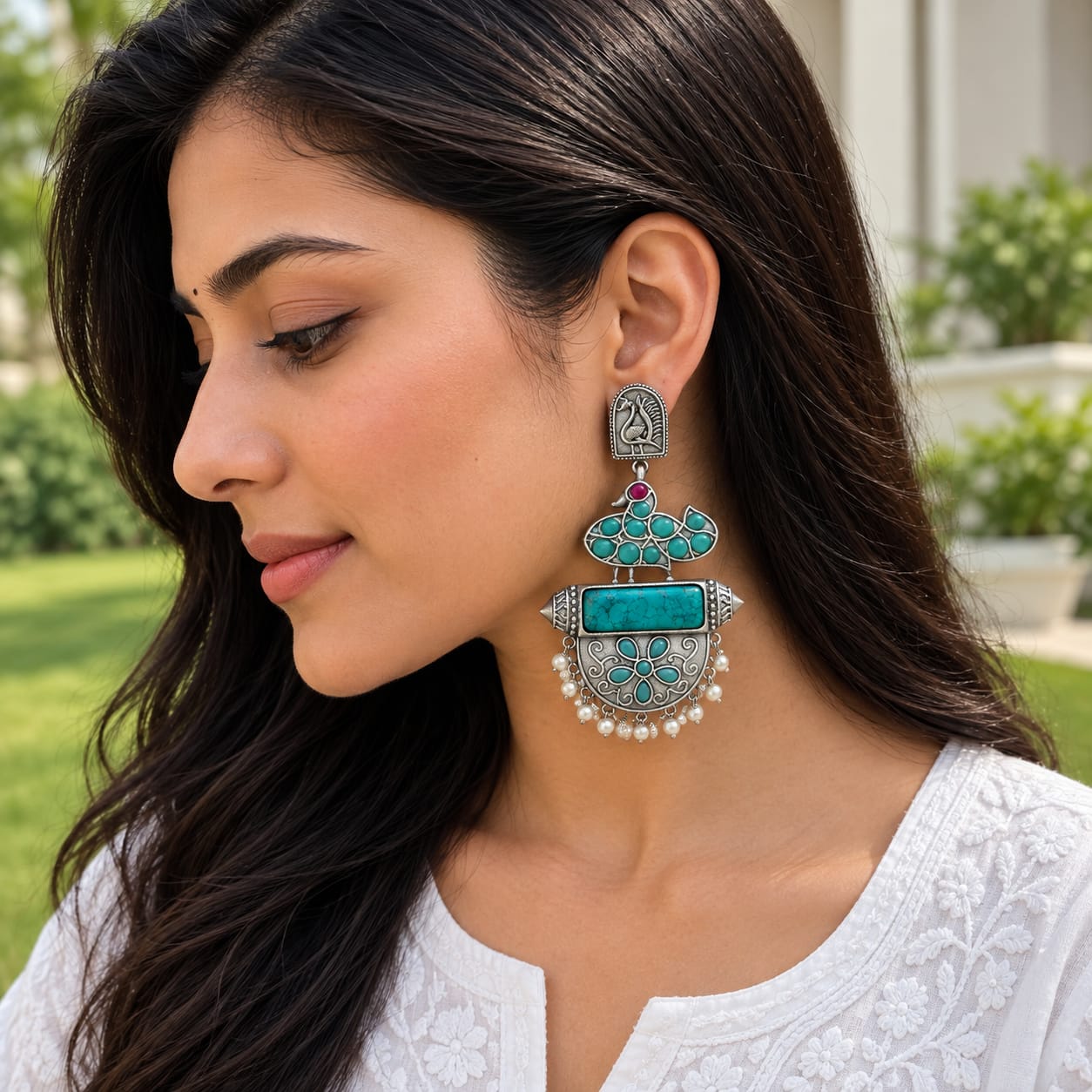 Monalisa stone Statement light-weighted chaandbaali Silver Earrings