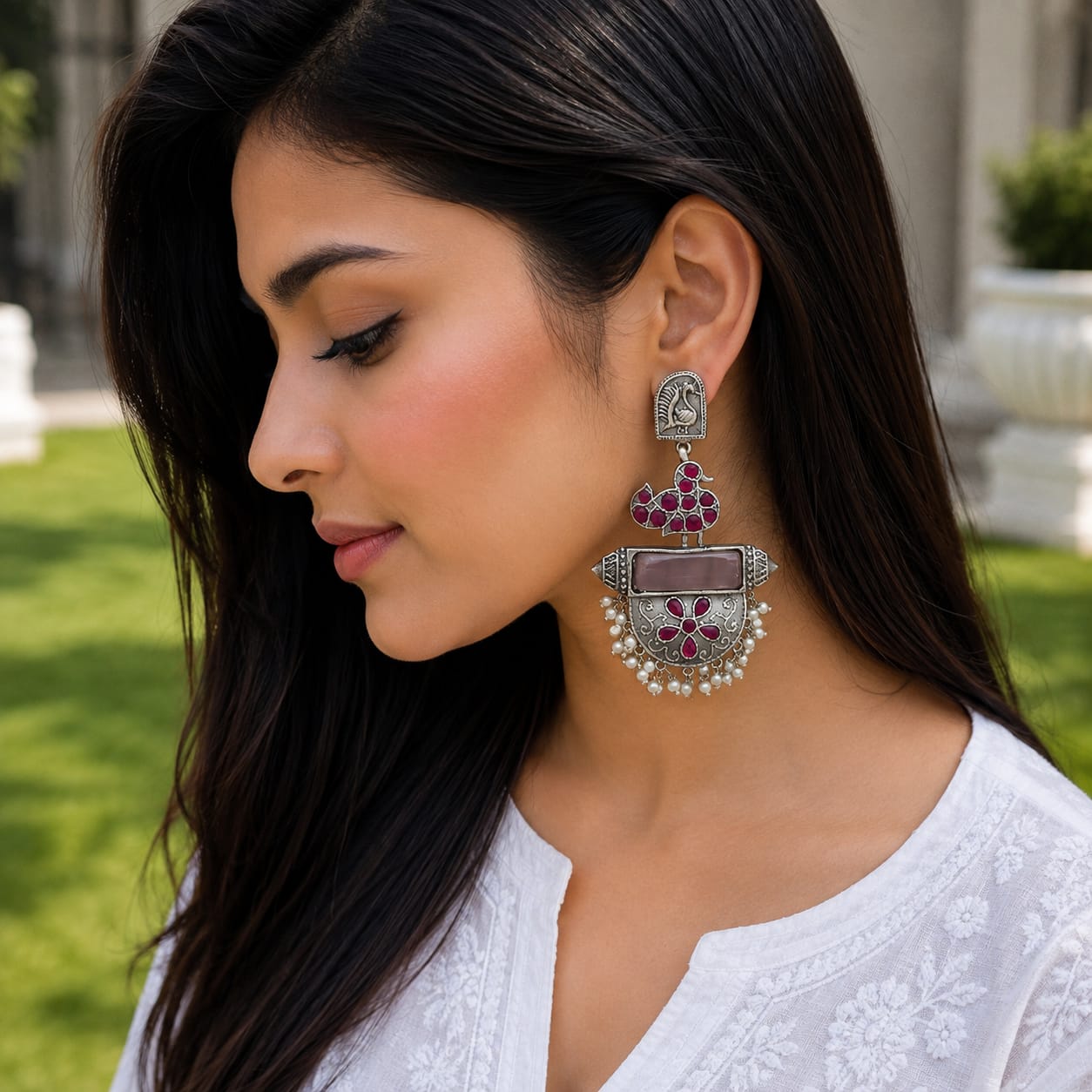 Monalisa stone Statement light-weighted chaandbaali Silver Earrings