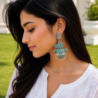 Monalisa stone Statement light-weighted chaandbaali Silver Earrings