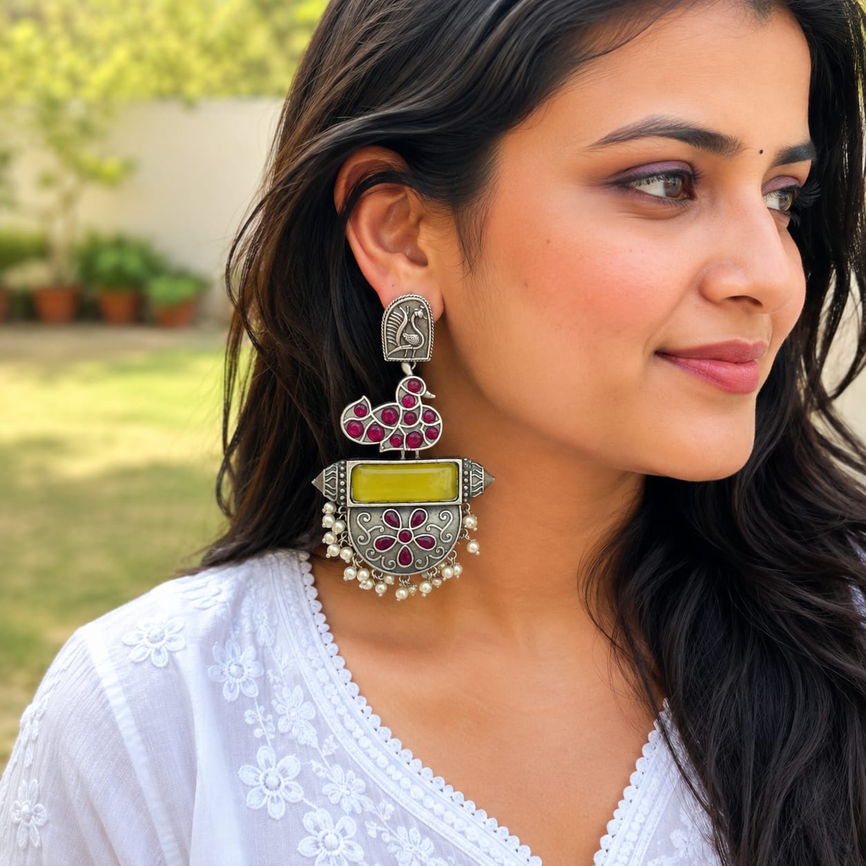 Monalisa stone Statement light-weighted chaandbaali Silver Earrings