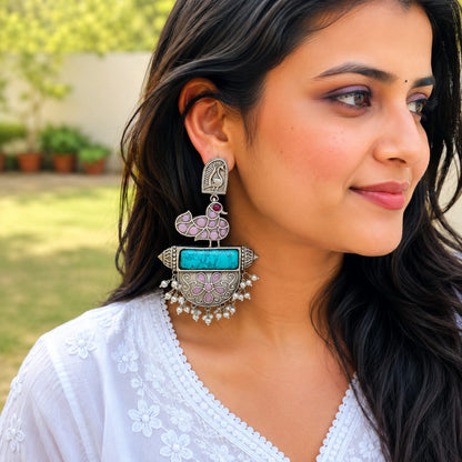 Monalisa stone Statement light-weighted chaandbaali Silver Earrings