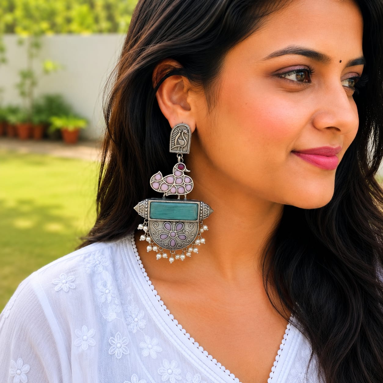 Monalisa stone Statement light-weighted chaandbaali Silver Earrings