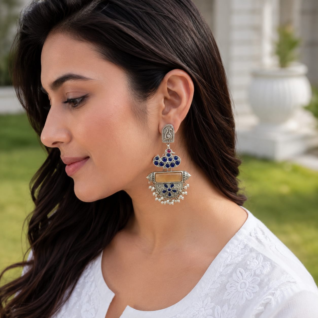 Monalisa stone Statement light-weighted chaandbaali Silver Earrings