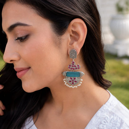 Monalisa stone Statement light-weighted chaandbaali Silver Earrings