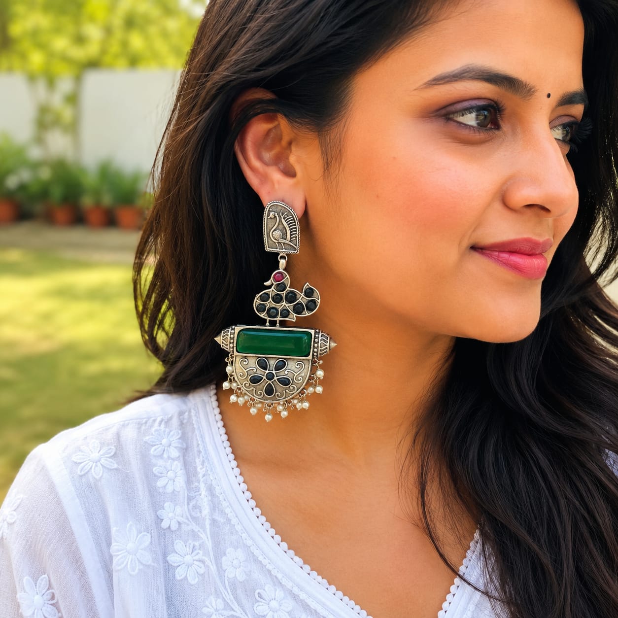 Monalisa stone Statement light-weighted chaandbaali Silver Earrings