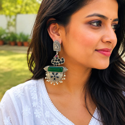 Monalisa stone Statement light-weighted chaandbaali Silver Earrings