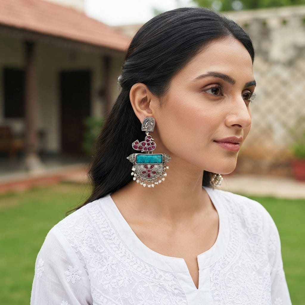 Monalisa stone Statement light-weighted chaandbaali Silver Earrings