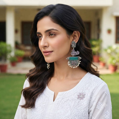 Monalisa stone Statement light-weighted chaandbaali Silver Earrings