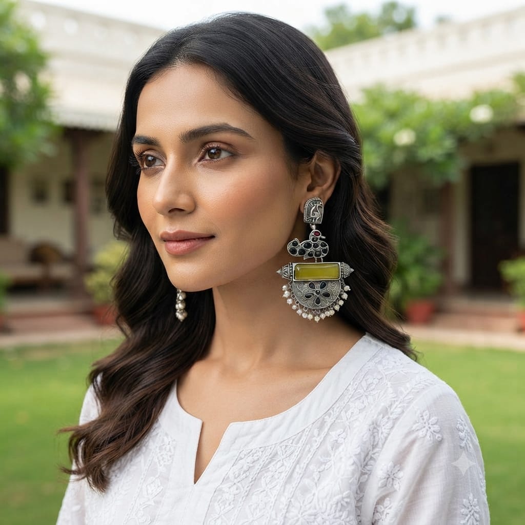 Monalisa stone Statement light-weighted chaandbaali Silver Earrings