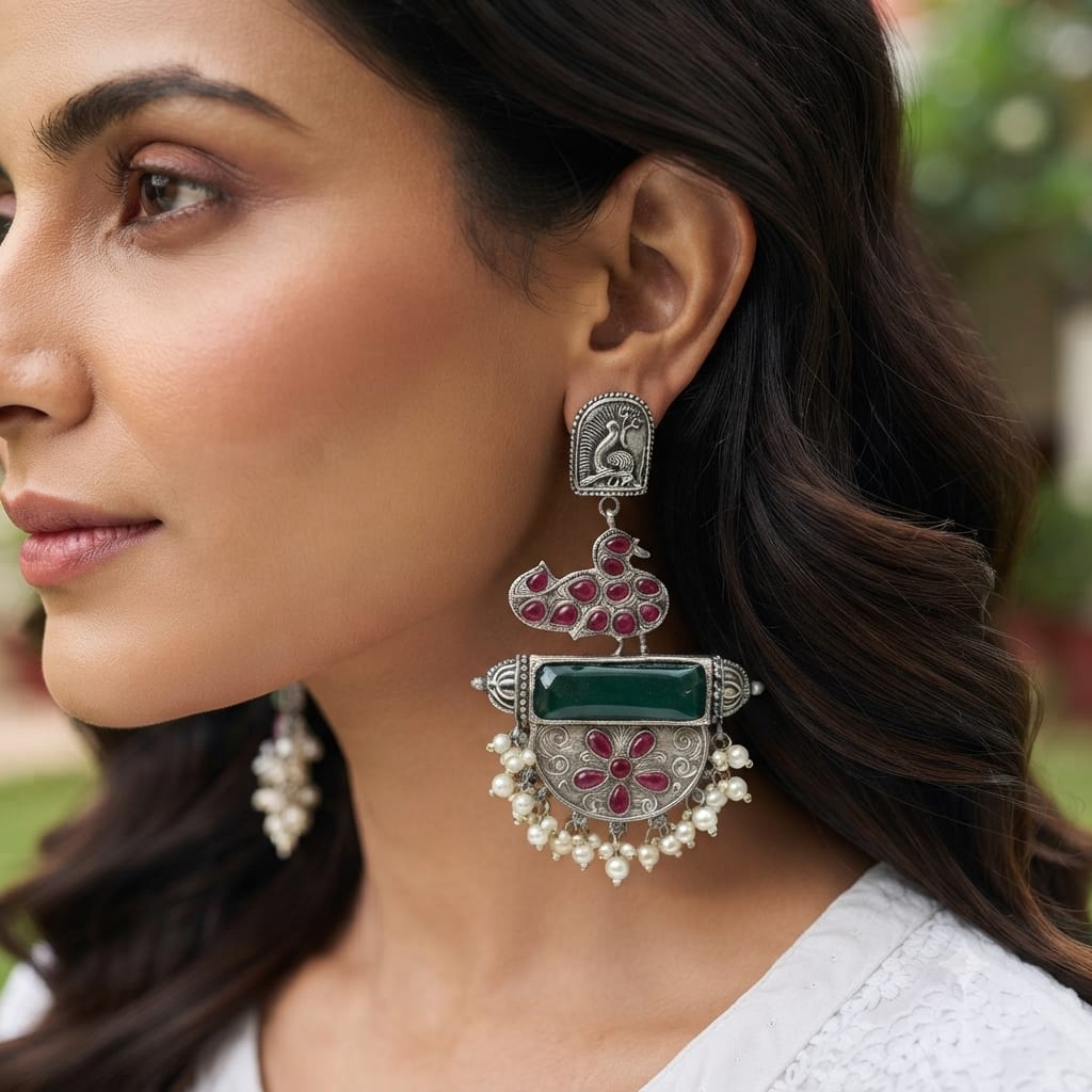 Monalisa stone Statement light-weighted chaandbaali Silver Earrings