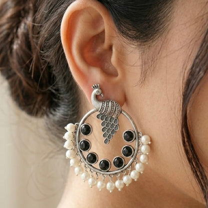 Peacock round stone Statement light-weighted Silver Earrings