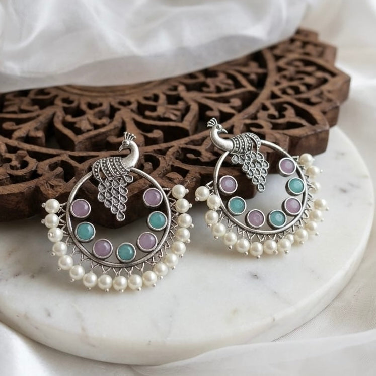 Peacock round stone Statement light-weighted Silver Earrings