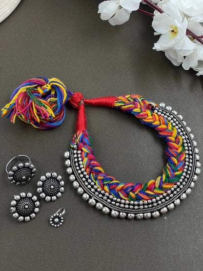 Threaded Choker Necklace Jewellery Combo oxidised German silver saree kurta Bloom - By Sushmita India Navratri Diwali Ganpati holi Eid