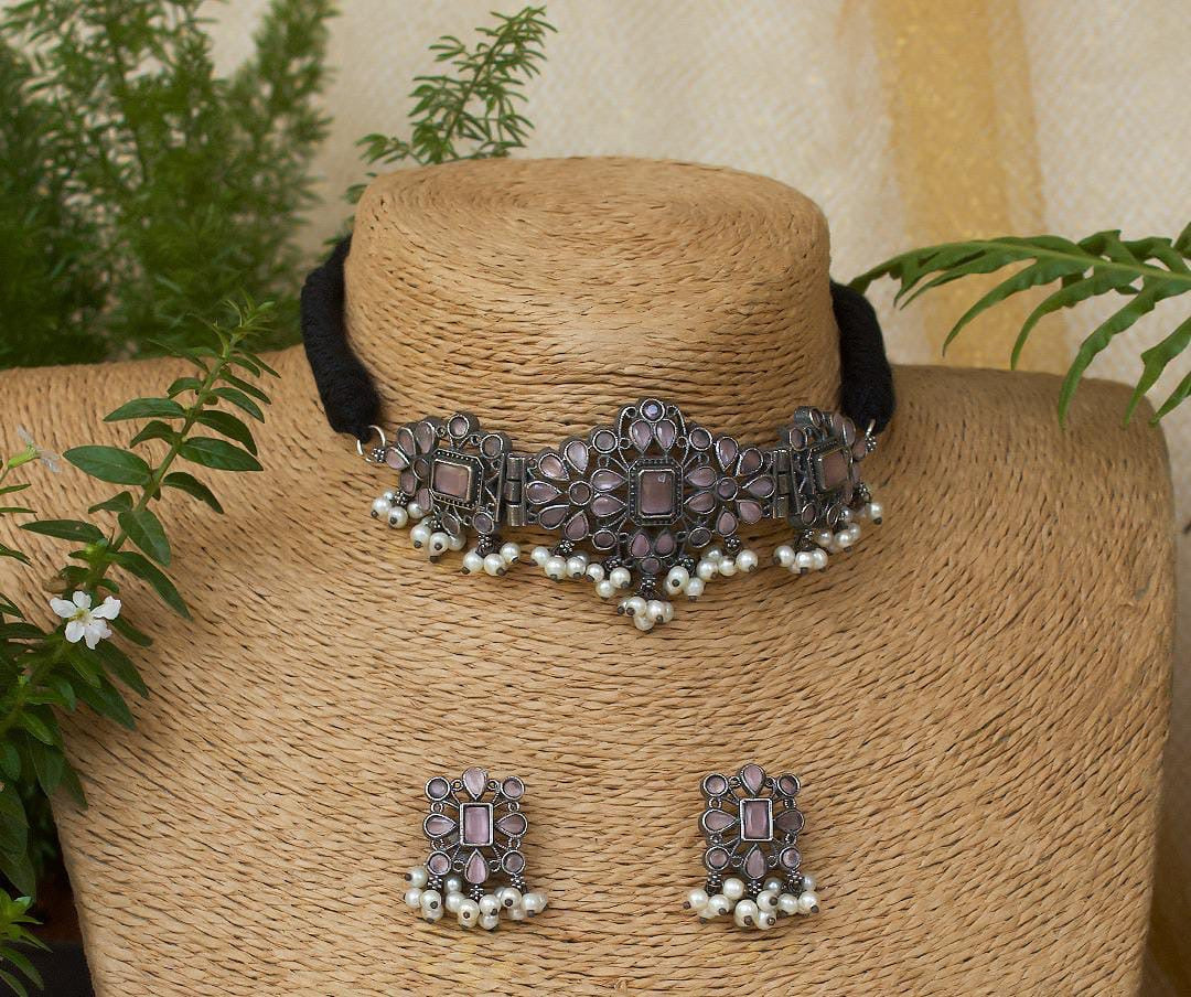 Yasmin Choker Necklace Set | German Silver Jewelry Set oxidised German silver Jewelry Sets saree kurta Bloom - By Sushmita India Navratri Diwali Ganpati holi Eid