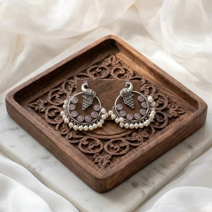 Peacock round stone Statement light-weighted Silver Earrings
