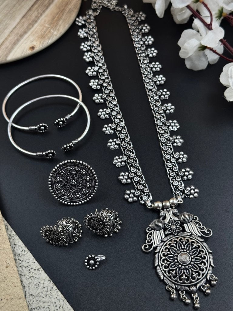 Vyaan 5-PIECE GIFT SET oxidised German silver Jewelry Sets saree kurta Bloom - By Sushmita India Navratri Diwali Ganpati holi Eid