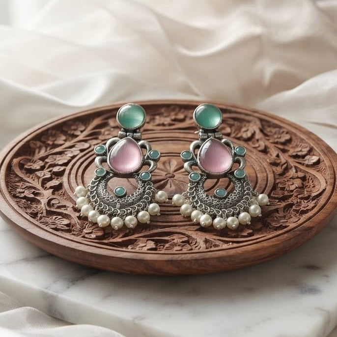 Monalisa stone Statement light-weighted  Silver Earrings