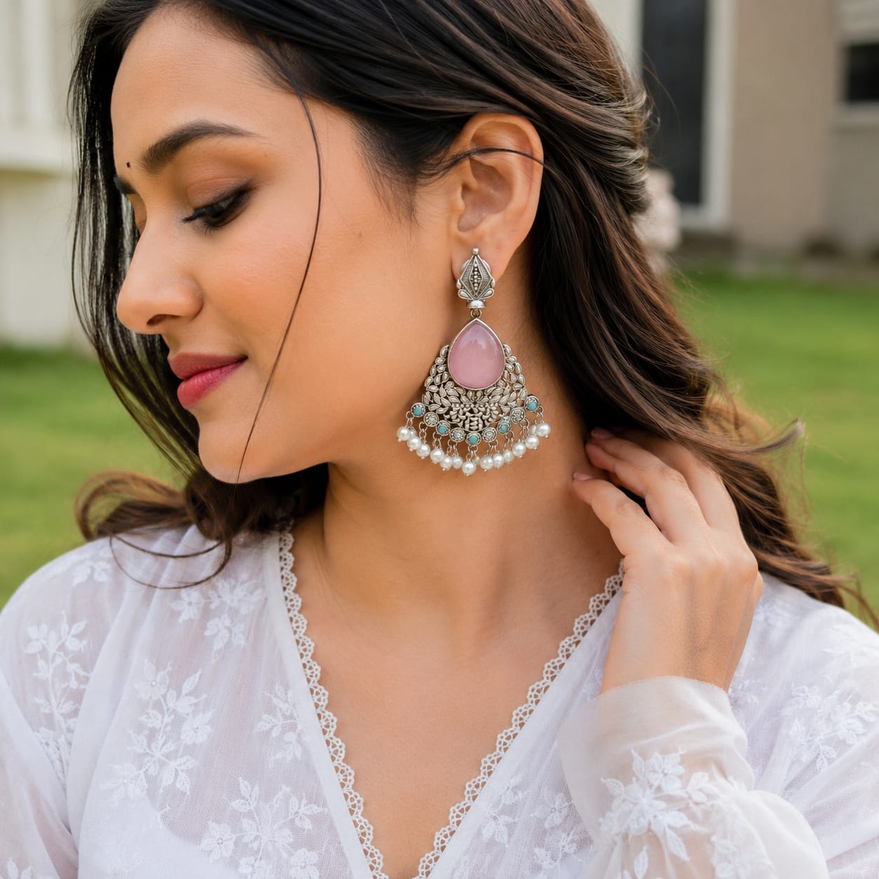 Monalisa stone Statement light-weighted  Silver Earrings