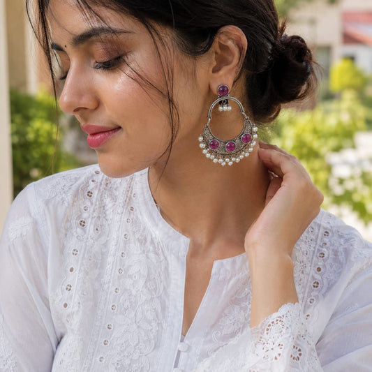Monalisa stone Statement light-weighted chaandbaali Silver Earrings oxidised German silver Earrings saree kurta Bloom - By Sushmita India Navratri Diwali Ganpati holi Eid
