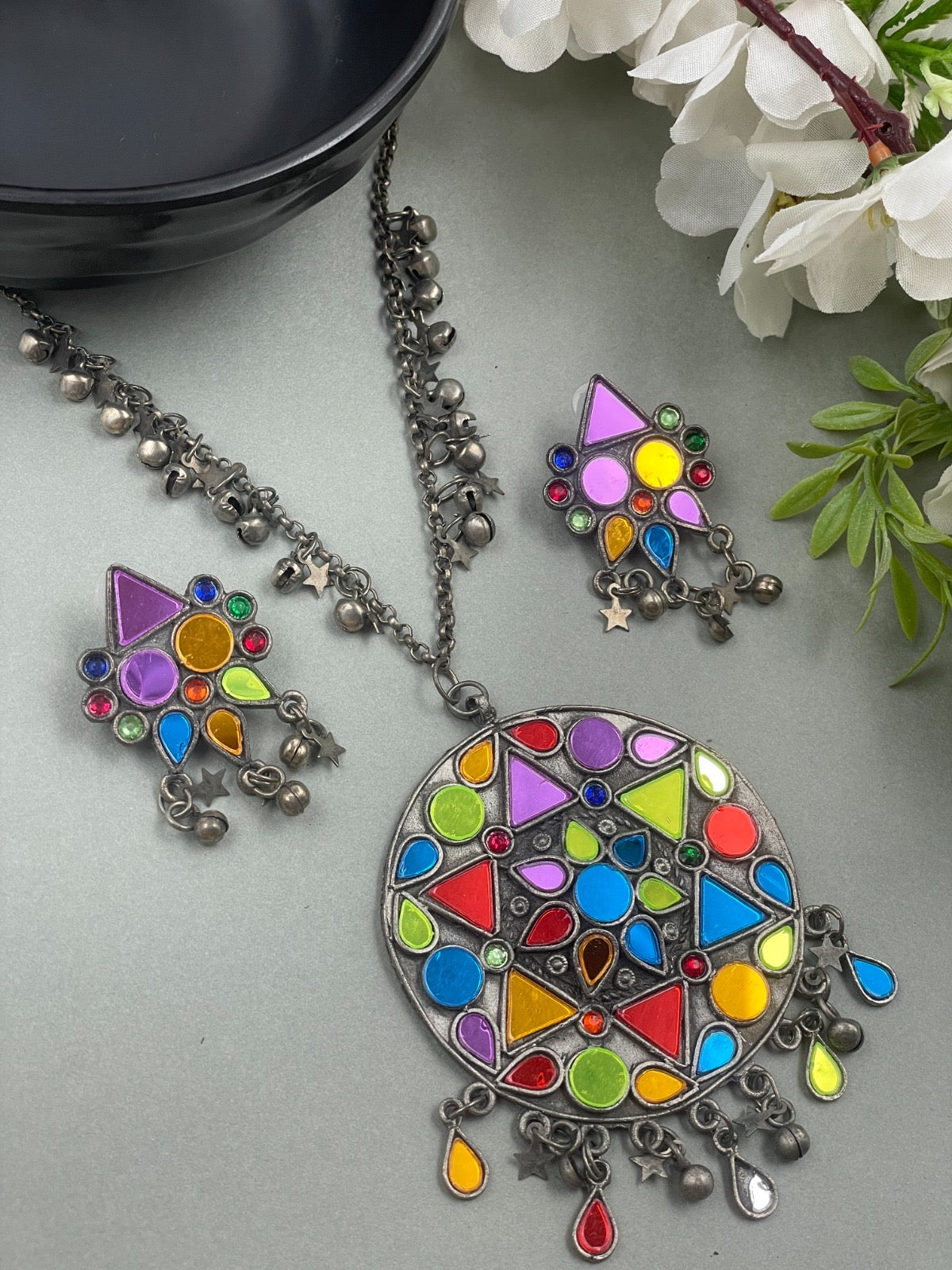 Meenakari Necklace oxidised German silver Necklaces saree kurta Bloom - By Sushmita India Navratri Diwali Ganpati holi Eid