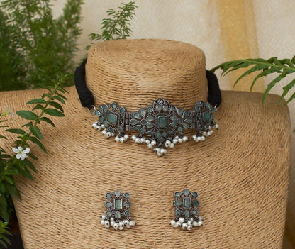 Yasmin Choker Necklace Set | German Silver Jewelry Set oxidised German silver Jewelry Sets saree kurta Bloom - By Sushmita India Navratri Diwali Ganpati holi Eid