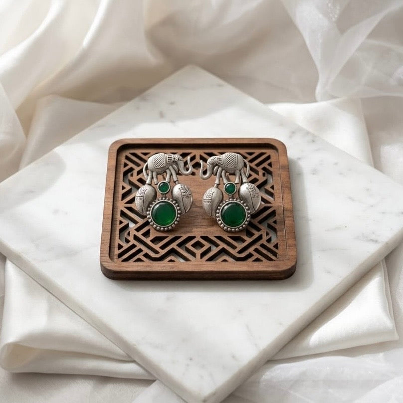 Elephant design Monalisa stone Statement light-weighted  Silver Earrings
