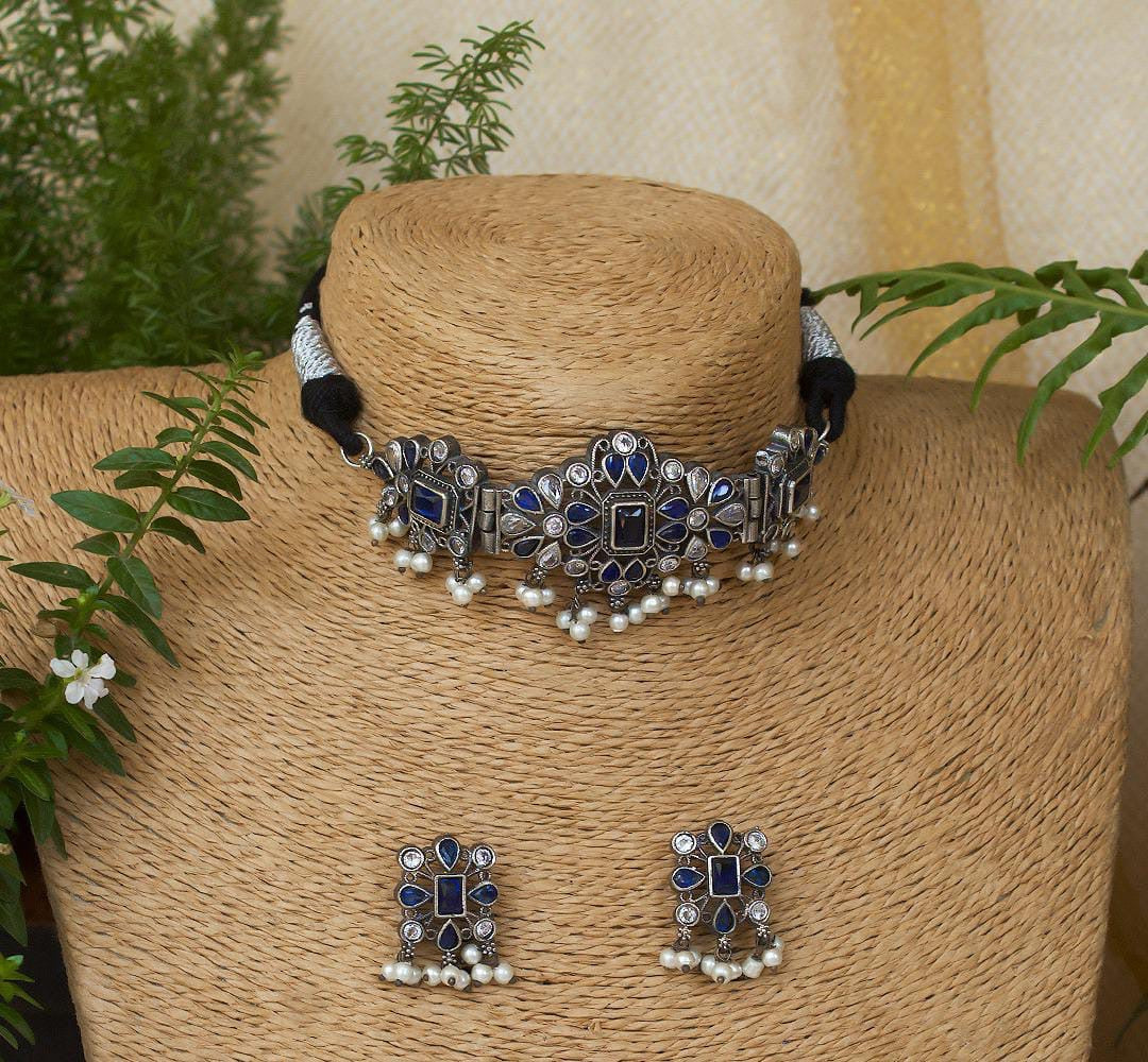 Yasmin Choker Necklace Set | German Silver Jewelry Set oxidised German silver Jewelry Sets saree kurta Bloom - By Sushmita India Navratri Diwali Ganpati holi Eid