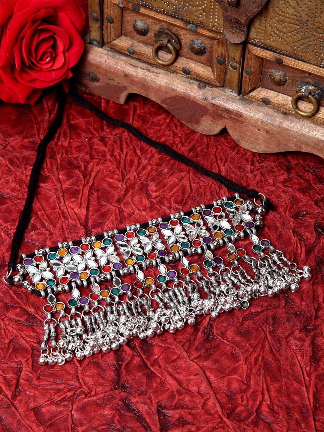 Multicoloured  Mirror Studded Afghan Choker Necklace
