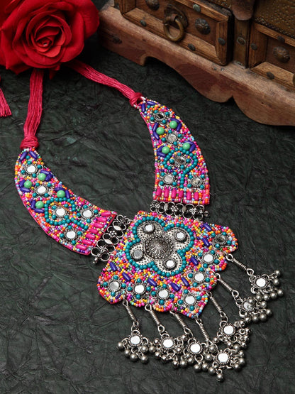 Multicoloured Silver-Plated Necklace oxidised German silver Necklaces saree kurta Bloom - By Sushmita India Navratri Diwali Ganpati holi Eid