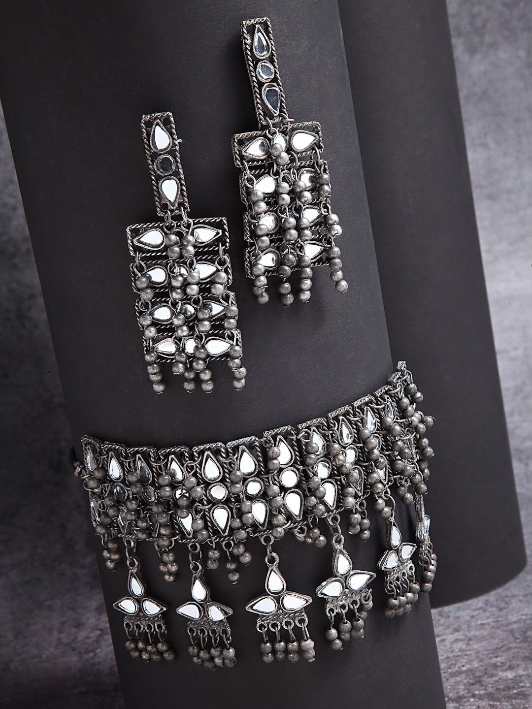 Oxidized Silver-Plated Mirror-Studded Antique Jewellery Set