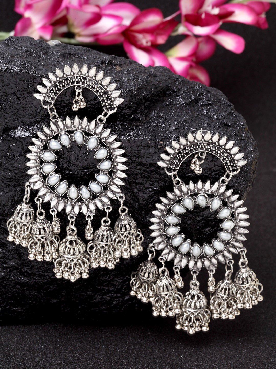 Silver-Plated Handcrafted Filigree Design Oxidised Circular Drop Earrings