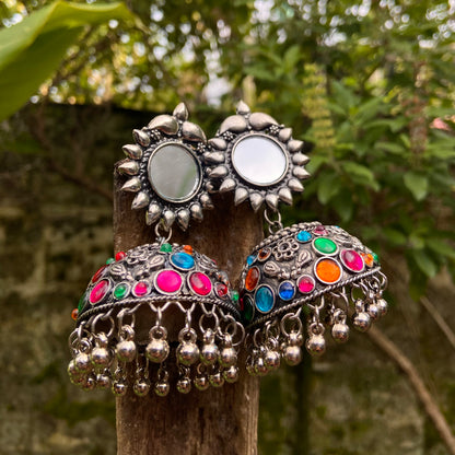 Darpan Jhumka | German Silver Earrings oxidised German silver Earrings saree kurta Bloom - By Sushmita India Navratri Diwali Ganpati holi Eid